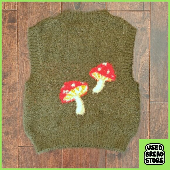 Small Mushroom Sweater Vest Fairy Cottagecore Goblin Nature Woodsy Art Green - Picture 2 of 3